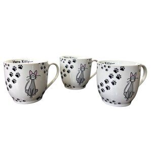 Zrike Everyday "Here Kitty" Mugs Porcelain Paw Print Cat Set Of 3 White Black